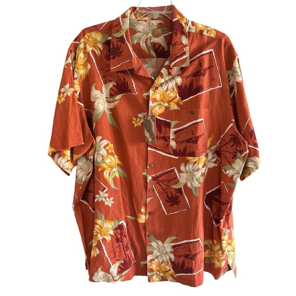 Caribbean Joe Men’s Silk Linen Blend Button Up Shirt 3XT Short Sleeve Tropical